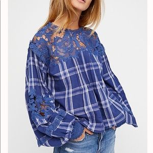 NWT Free People Blue Plaid Darling Diana Top